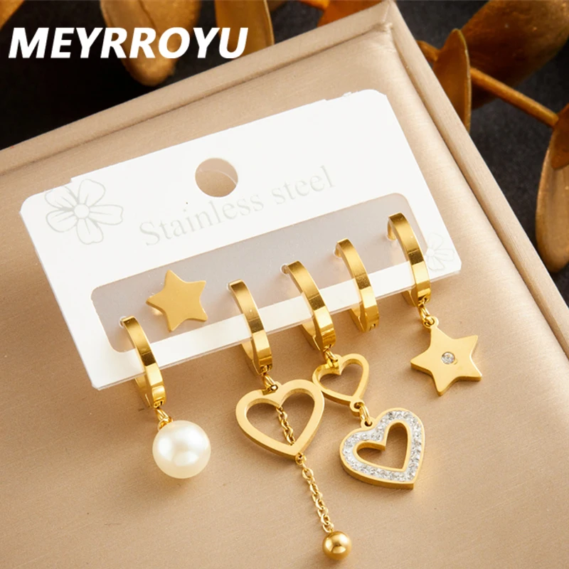 MEYRROYU 316L Stainless Golden Love Tiny Spot Pearl 6-PC SetOval Earrings For Women New Delicate Trend Ear Buckle Jewelry Gift