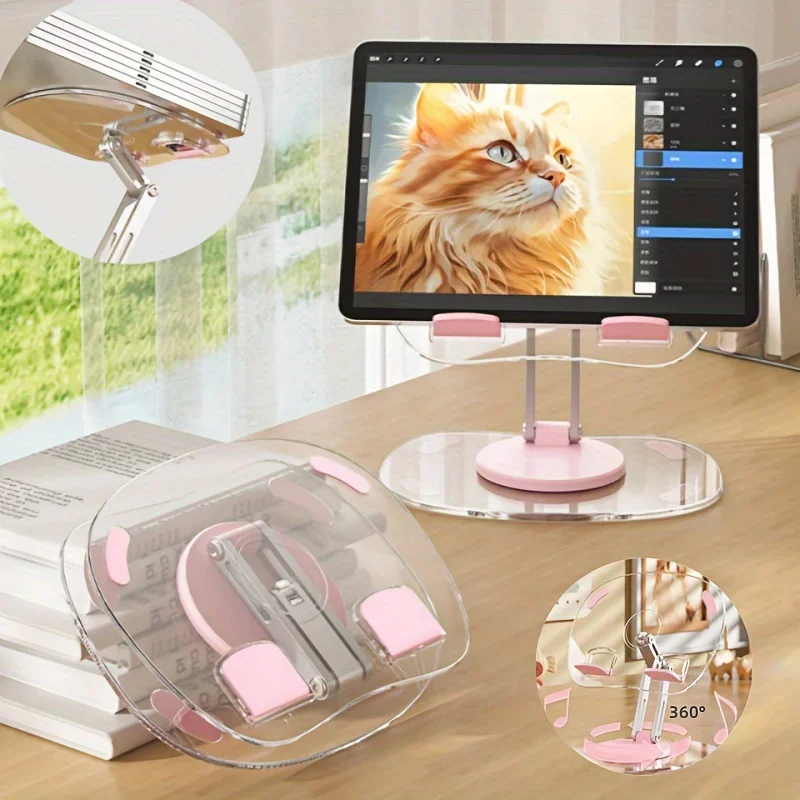 360° Rotating Mobile Transparent Phone Holder Multi-Functional Flat Support Stand Retractable Mobile Phone Stand Desktop Holder