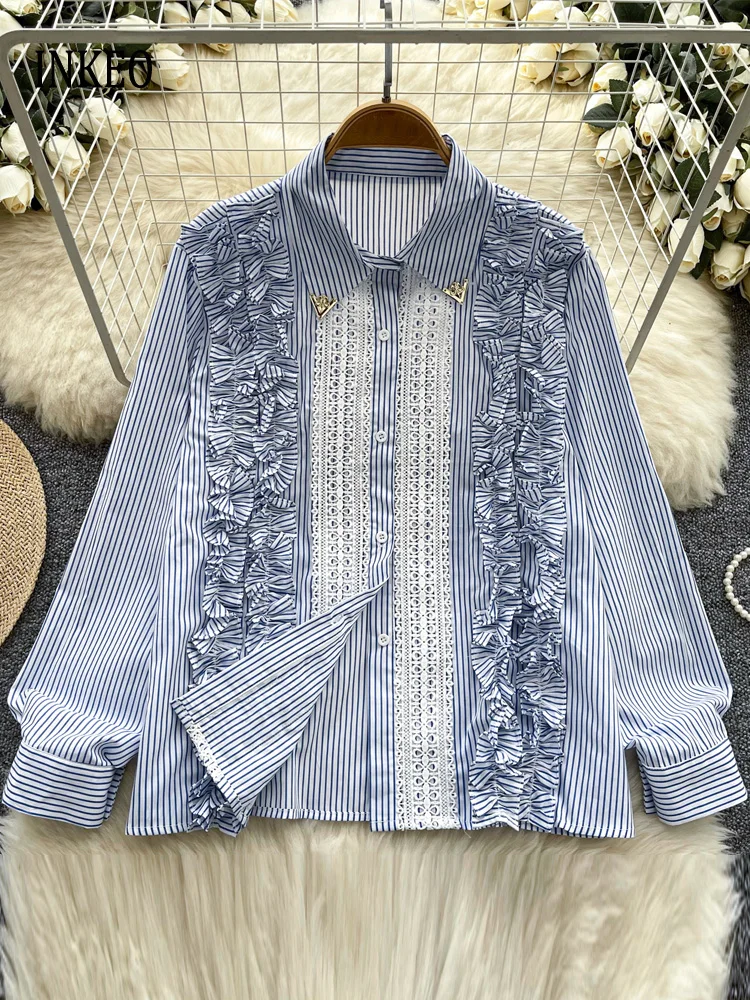 

Women's Design Ruffled lace patchwork blouse Sexy 2025 New Fashion Striped print shirt Spring Summer Tops Streetwear INKEO 4T237