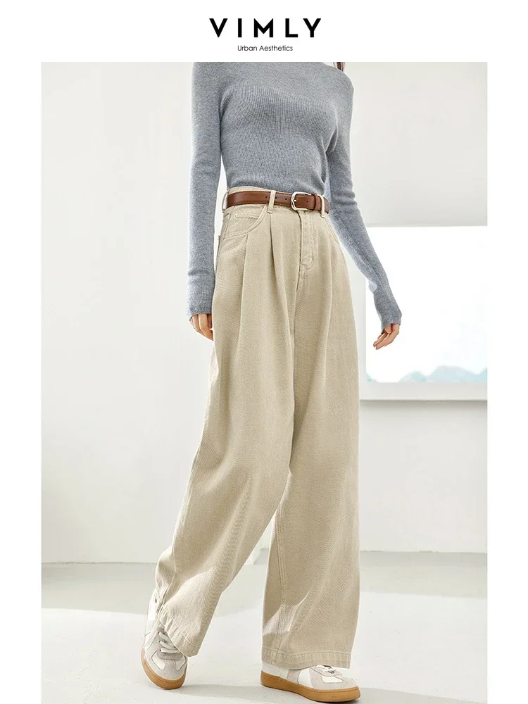 Vimly Khaki Baggy Pants Women 2024 Spring High Waist Wide Leg Casual 100% Cotton Loose Straight Pant Leather Belt Trouser M5720