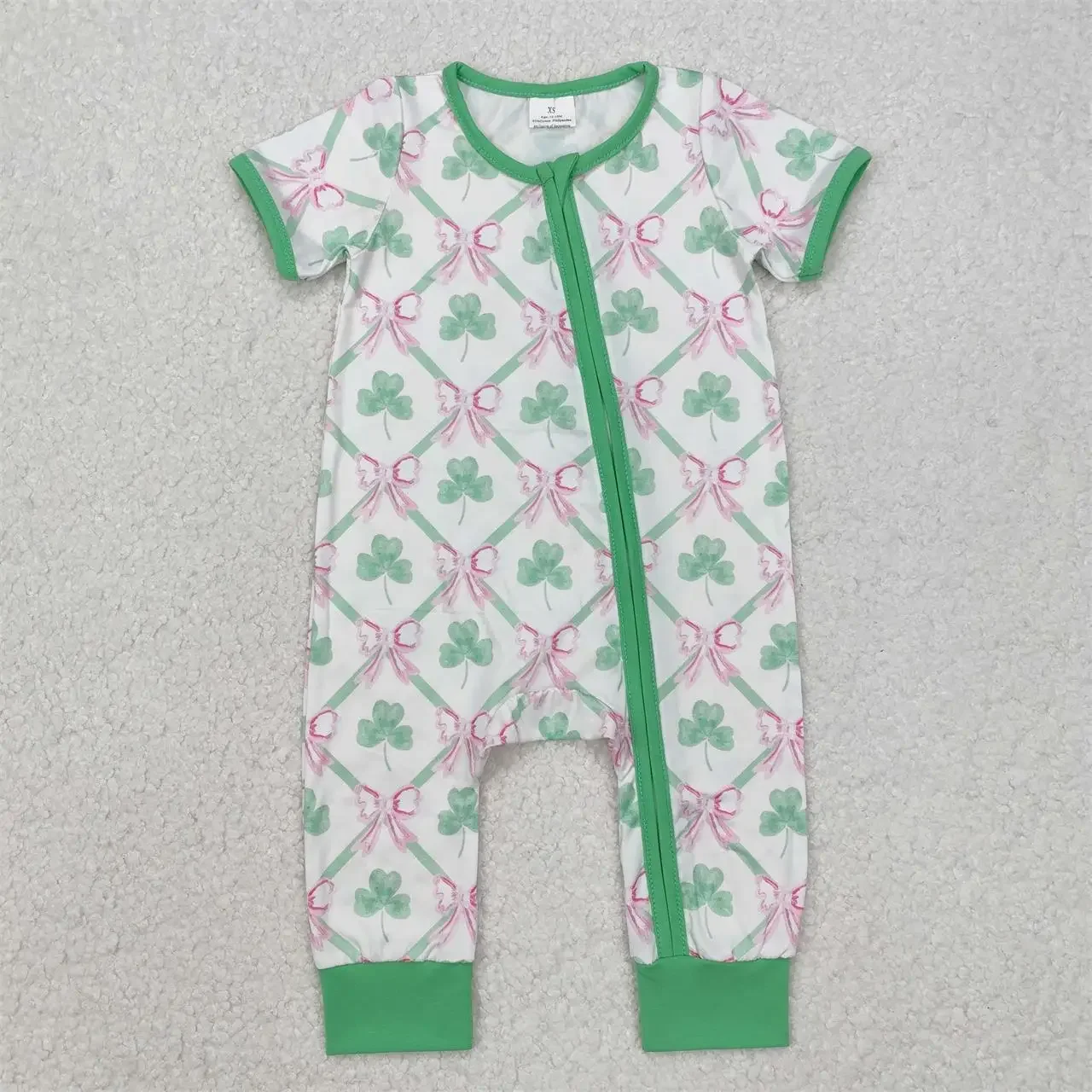 Wholesale Toddler Short Sleeves Romper Kids Green Zipper Baby Girl Newborn Bows Coverall Children St. Patrick's Day Bodysuit