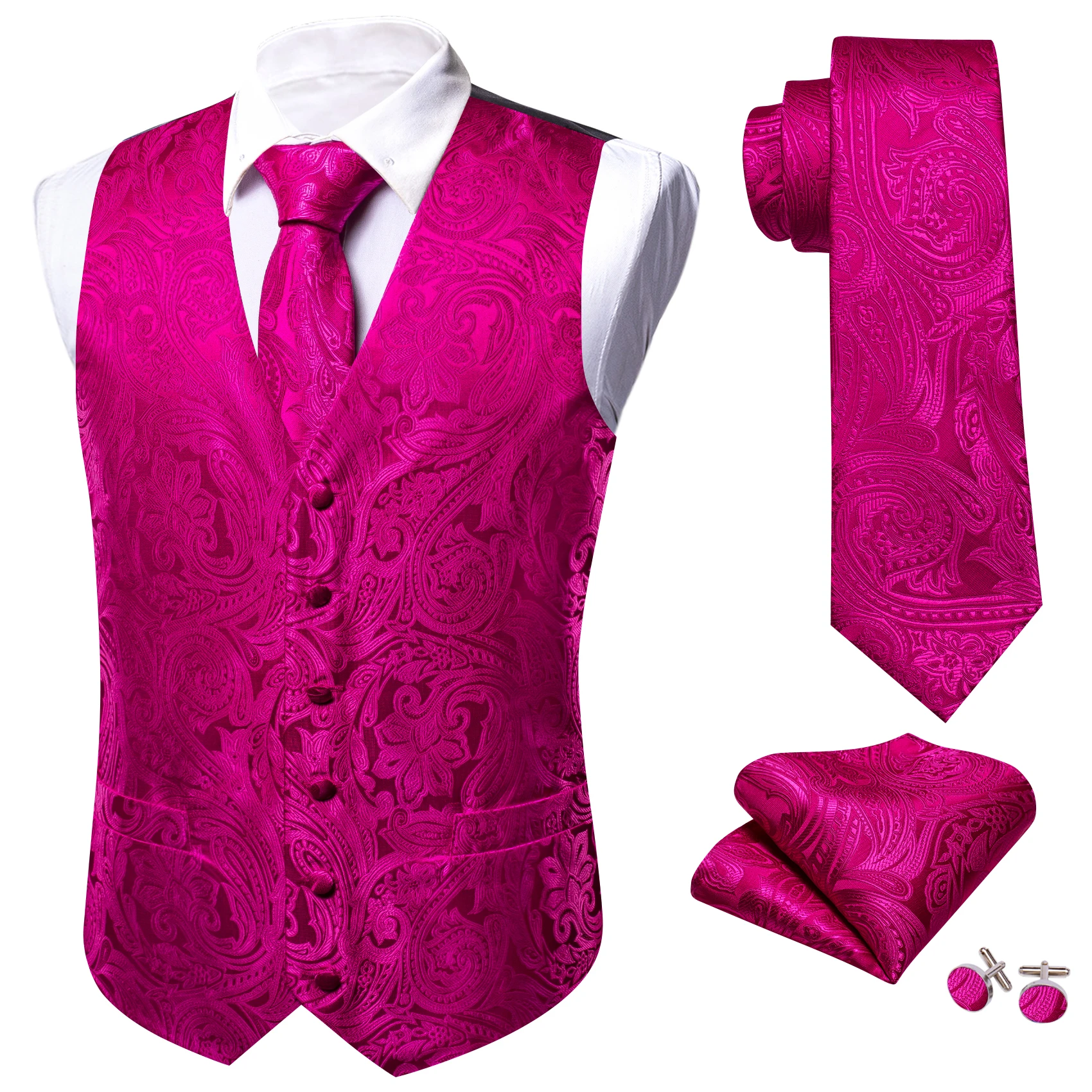 Jaqueta de seda sem mangas masculina, Colete bordado, Gravata, Casamento, Negócios, Fatos de festa, Flor vermelha rosa, Barry Wang