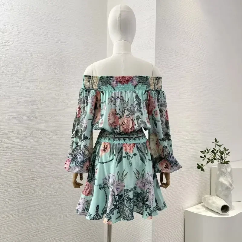 Women's Blue Mini Dress with Flowers and Butterfly Print Off the Shoulder Diamonds Long Sleeve Stretchable Waist at Back 2024