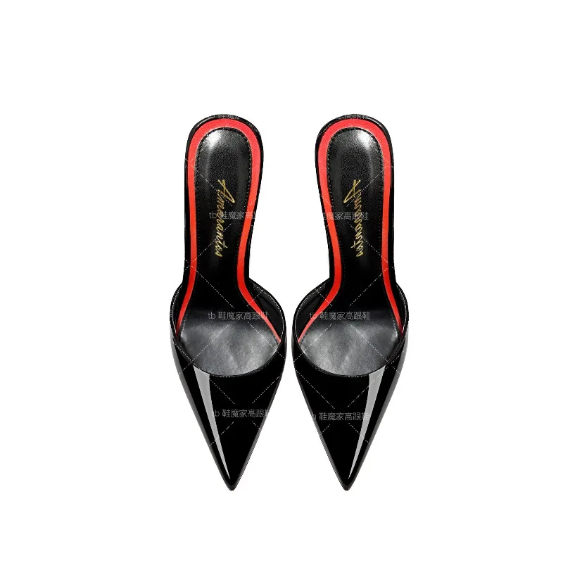 

2025 New Black Baotou Sandals for Women, Pointed High Heels,Ultra fine Heels,One Word Back Empty Half Slippers for External Wear