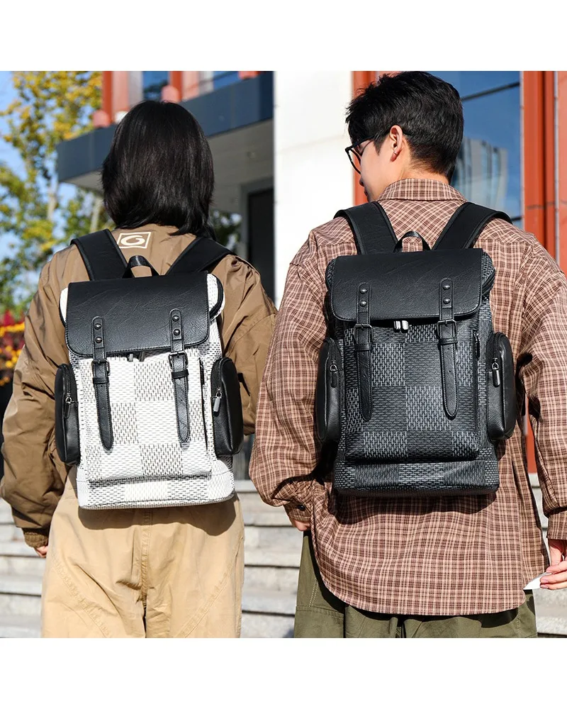 

Soft leather fashionable men's business trip PU backpack new casual business travel bag trendy plaid large-capacity computer bag
