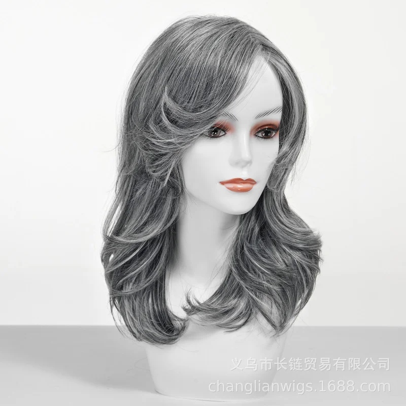 

European and American style wig free-parting medium-long curly hair for women, natural full headpiece with seamless gray-wh