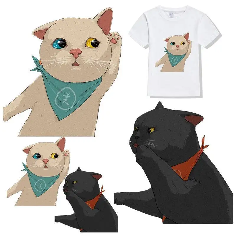 DIY Heat Transfer Patches Cartoon Cute Cat Print Striped Couple T-Shirt Custom Ironing Vinyl Sticker Two Cats