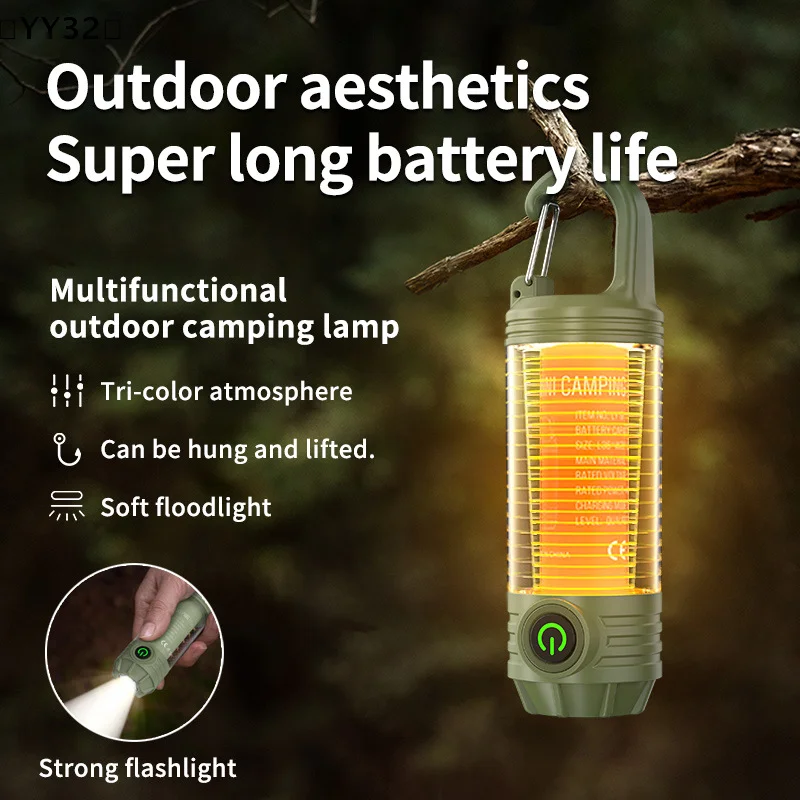 Three-Color Led Retro Camping Light Type-C Rechargeable Emergency Flashlight Outdoor Lighting Campsite Ambient Light〔YY32〕