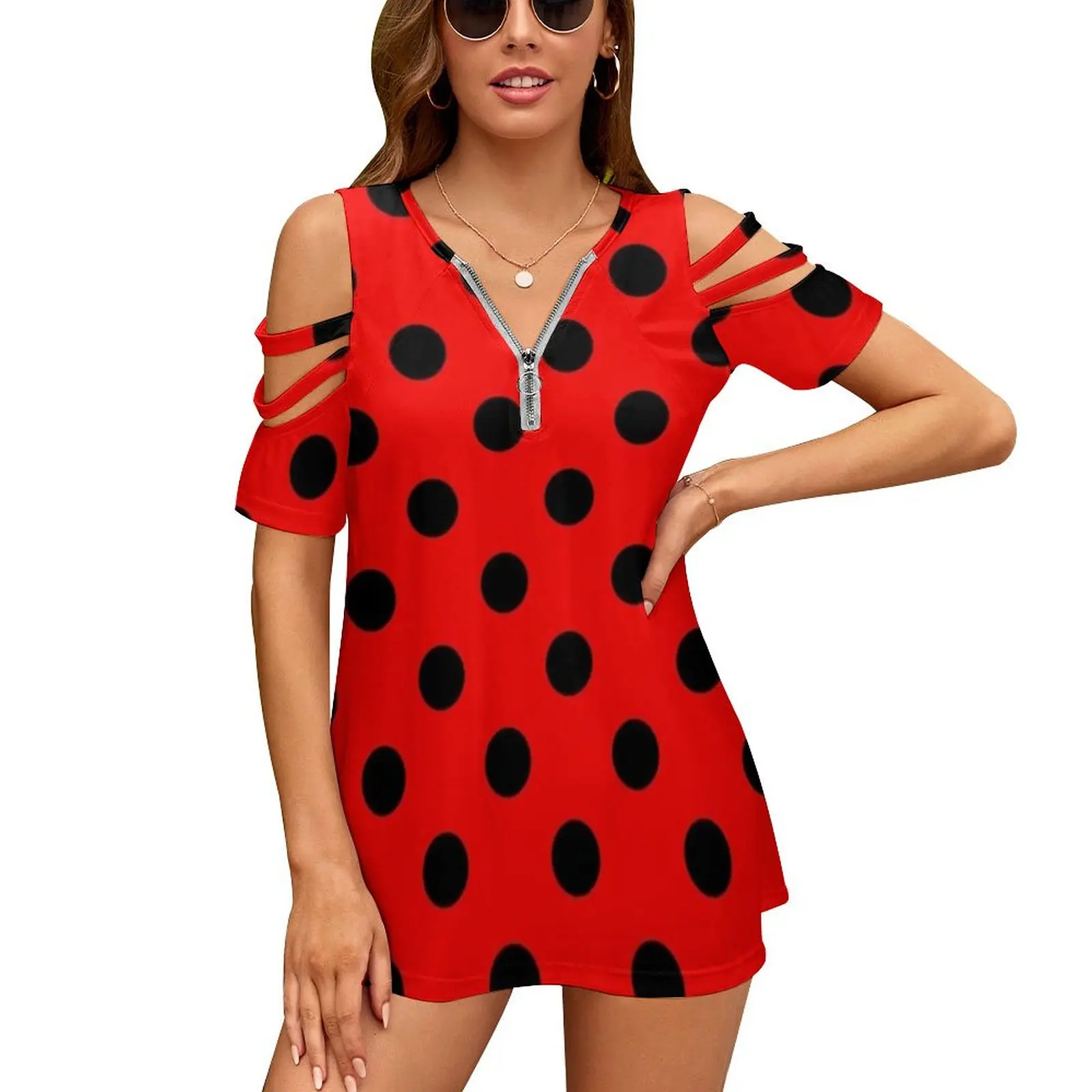 Red And Black Polka Dots | Pattern | Halloween Outfit Women Zipper Sexy Printed Vintage T Shirts Tops Full Print T-Shirt