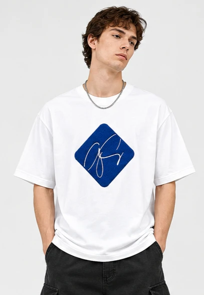 White T-shirt Unisex Blue Diamond Shape Abstract Handwriting Art Print Tee Summer Loose Short Sleeve Streetwear Casual Tops