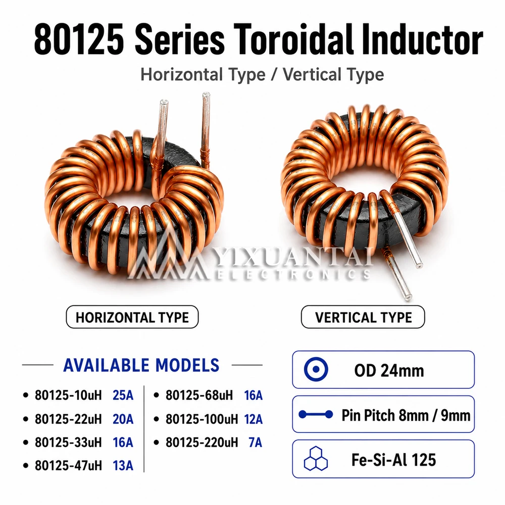 5pcs/lot 80125 High Current Toroidal Inductor 10uH-220uH 7A-25A Vertical/Horizontal Power Inductor Ring Coil Energy Storage