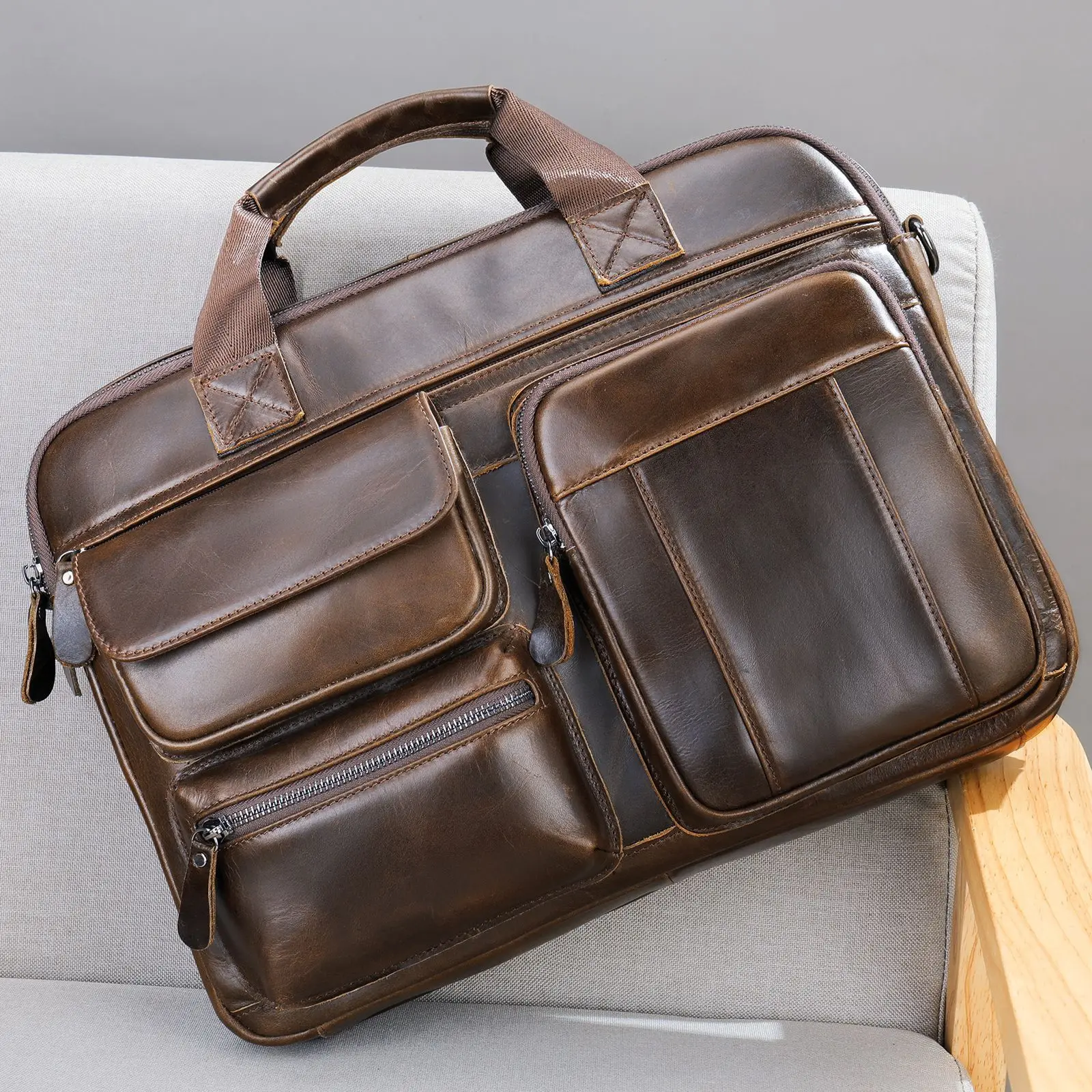 Men's Leather Briefcase Horizontal Large Capacity Business Cowhide Handbag Computer Bag Casual Youth Official Bag