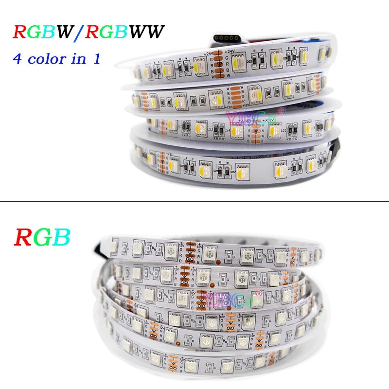 Impermeável LED Strip Light, fita flexível da lâmpada, FPCB branco, RGBW, RGBWW, DC 12V, 24V, SMD 5050, 60Leds por m, IP30, 65, IP67, 5m por lote, 4