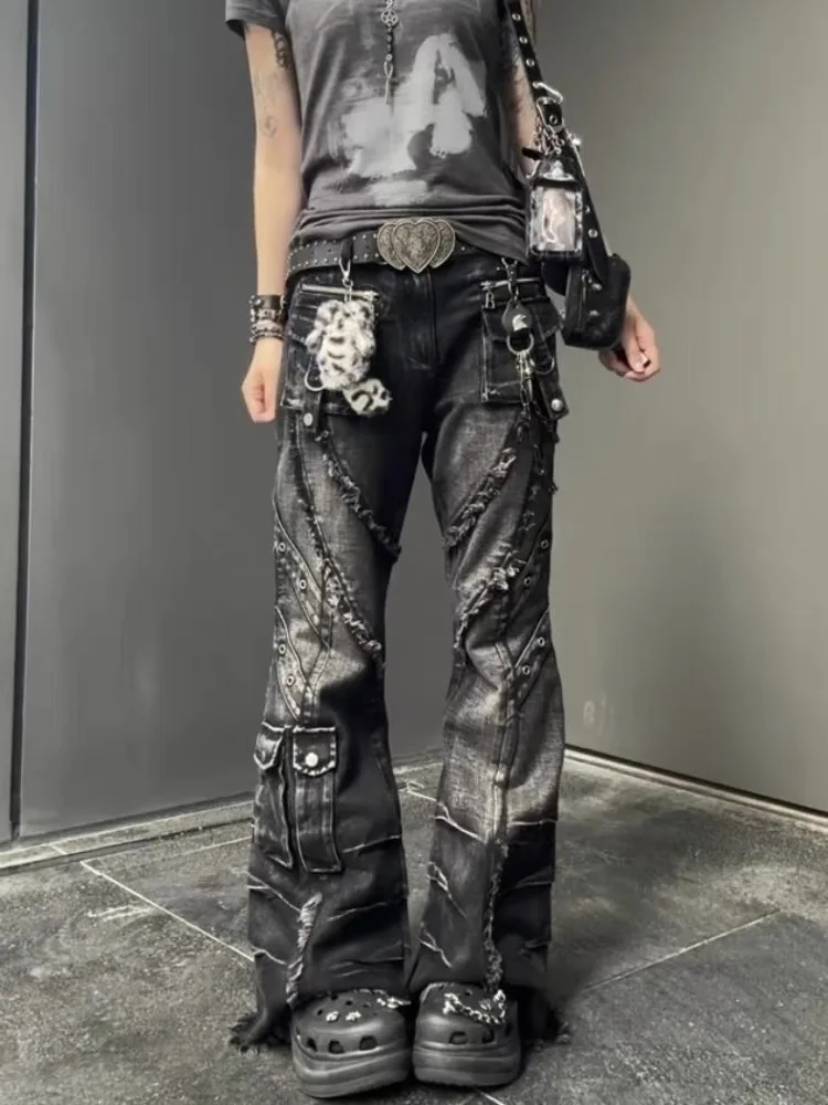 Damen-Jeanshosen im Dark Academia Stil, Cargo-Jeans mit Schlaghose, Designer Kpop Japanisch 2026 Herbst Winter Y2k 2000er Goblin Core