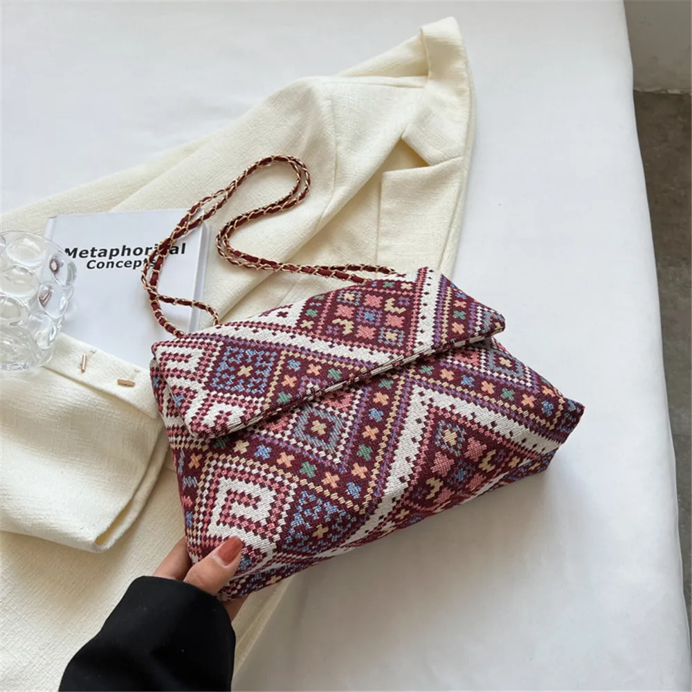 Ethnic Style Casual Commuting Crossbody Bag Summer New Styles Chain Shoulder Bag Fashion Simple Canvas Tote Bag 2024 New