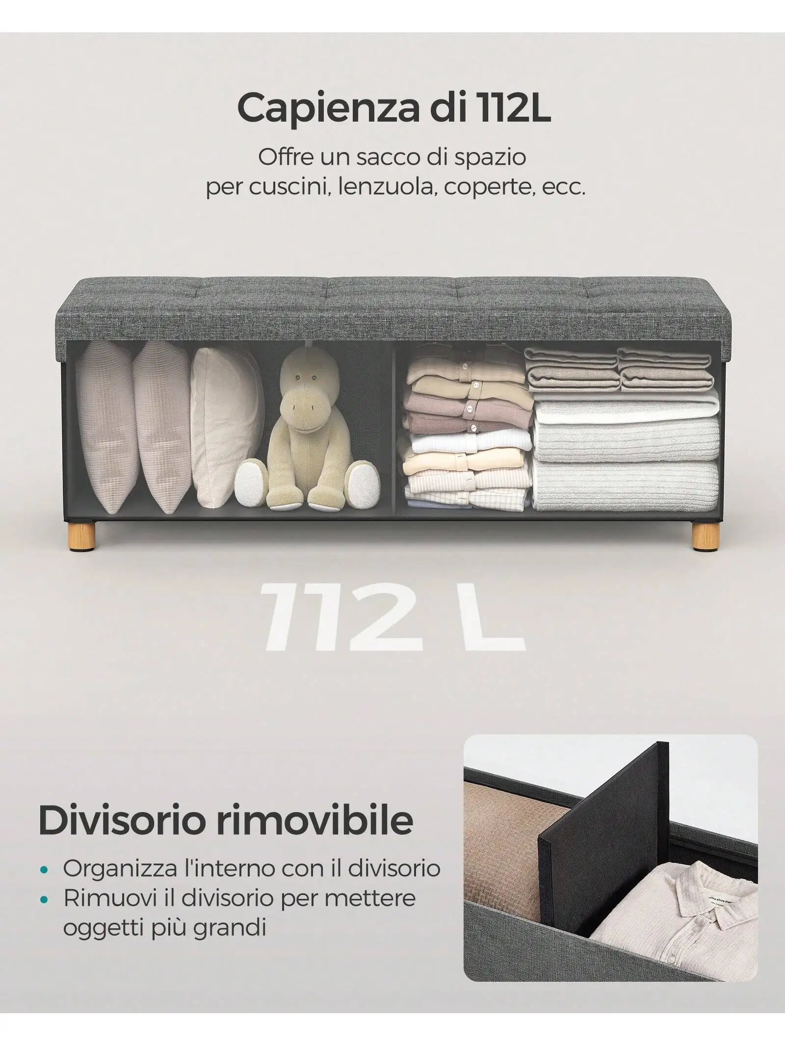 Pouf SONGMICS, scatola portaoggetti, sgabello con poggiapiedi, pieghevole, panca, 38x110x40 cm, per soggiorno e camera da letto