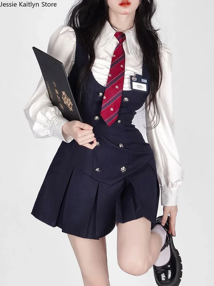 Autumn Japanese Kawaii School Uniform Women Korean Cute College Student JK Uniform Vintage White Shirt and Strap Dress Sets 2023