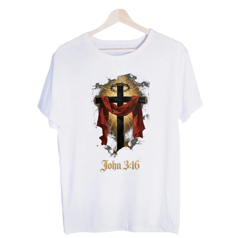 Men's Cross with Crown and Red Cloth Graphic Tee, Short Sleeve Crew Neck T-Shirt for Casual Daily Wear