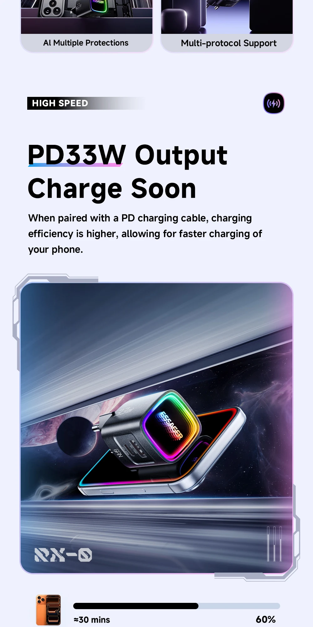 Essager 33W GaN USB Typ C Ladegerät mit Neonlichtern PD 3.0 Schnellladung für iPhone 17 16 15 Pro Max iPad Xiaomi Samsung Huawei OPPO – Detail 3