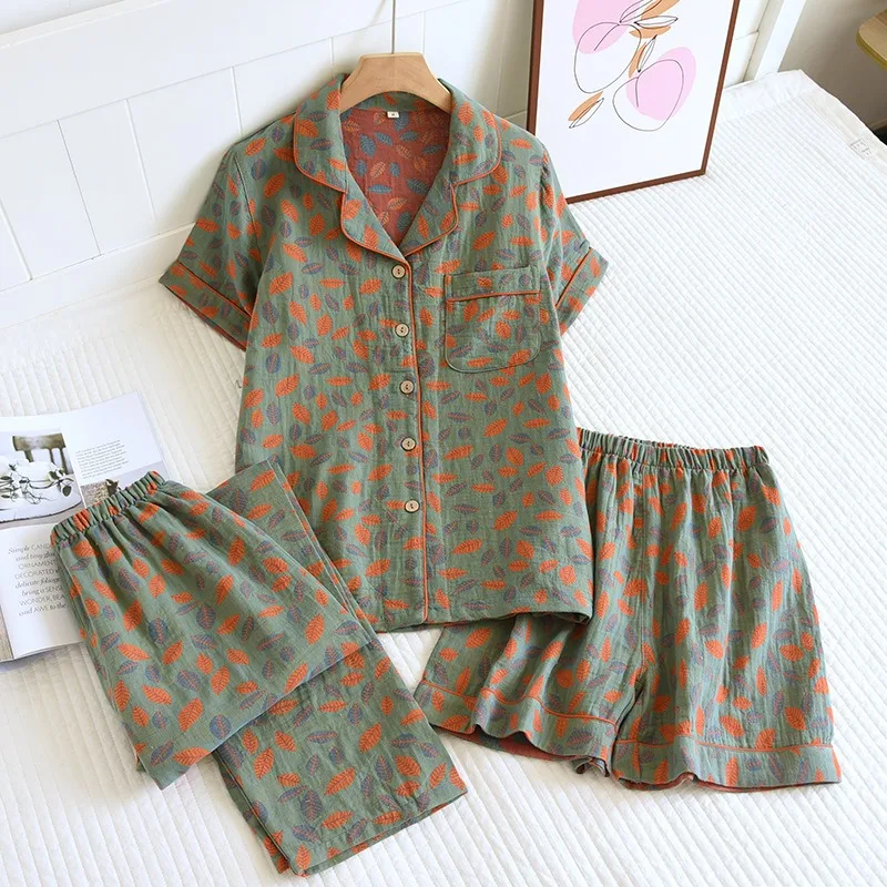 3 PCS Pajamas For Women New Homewear 100% Cotton Summer Short Sleeve Sleepwear Vintage Print Pijamas Female Home Suits