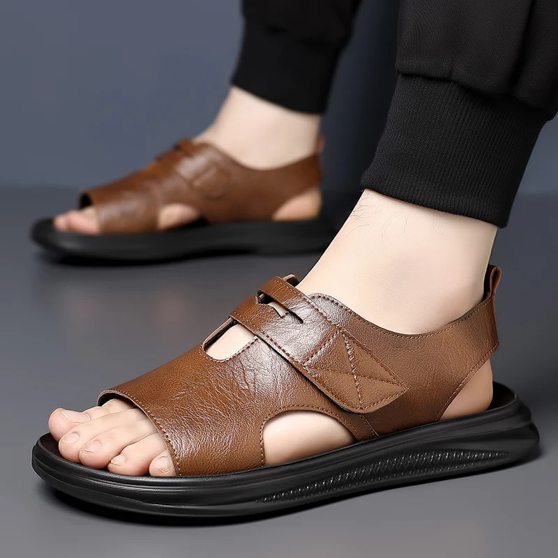

British Style Men's Comfortable Ankle Soft Soled Leather Sandals Summer Outdoor Breathable Anti Slip Beach Shoes Roman Sandals