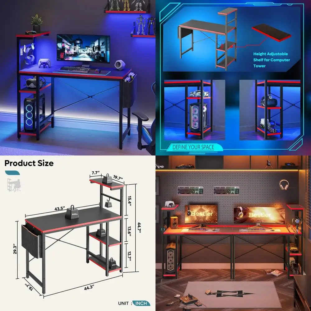 

LED-lit 44 Inch Compact Gaming Desk with Reversible Storage Shelves for PC Gamers