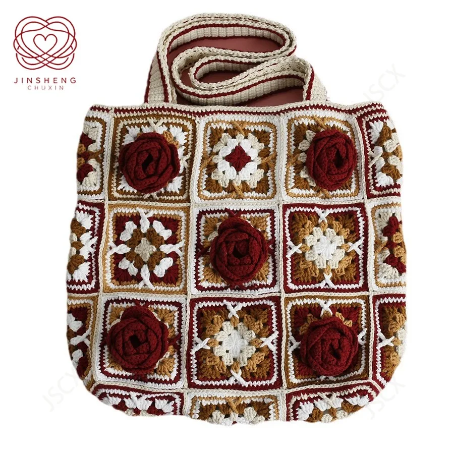 

3D Flower Crochet Granny Square Large Tote Shoulder Bag Handmade Shopping Handbag Vintage Style Summer Beach Bag