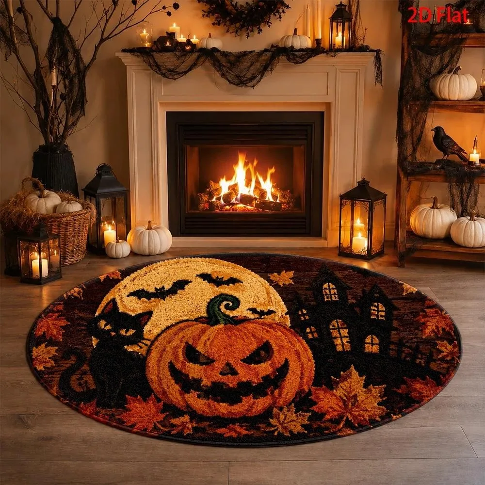 Spooky Vintage Halloween Round Rug,Witch Black Cat Jack‑o‑lantern Bat Dark Castle Scene Printed Circular Floor Mat,Living Room