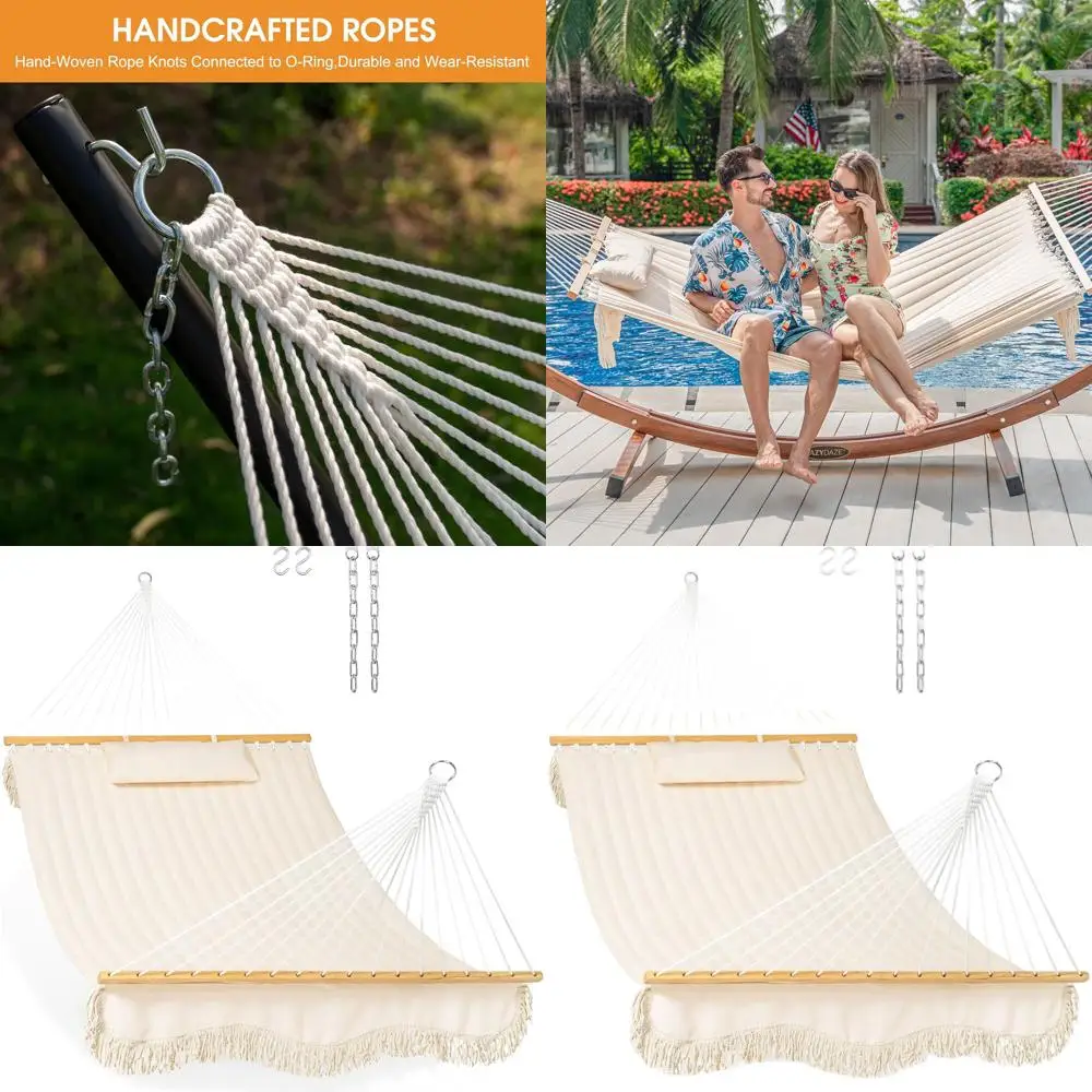 

2 Person Cream Double Hammock with Spreader Bar, Tassels, Pillow, and Chains for Outdoor Patio and Poolside Use, 450 lbs Capacit