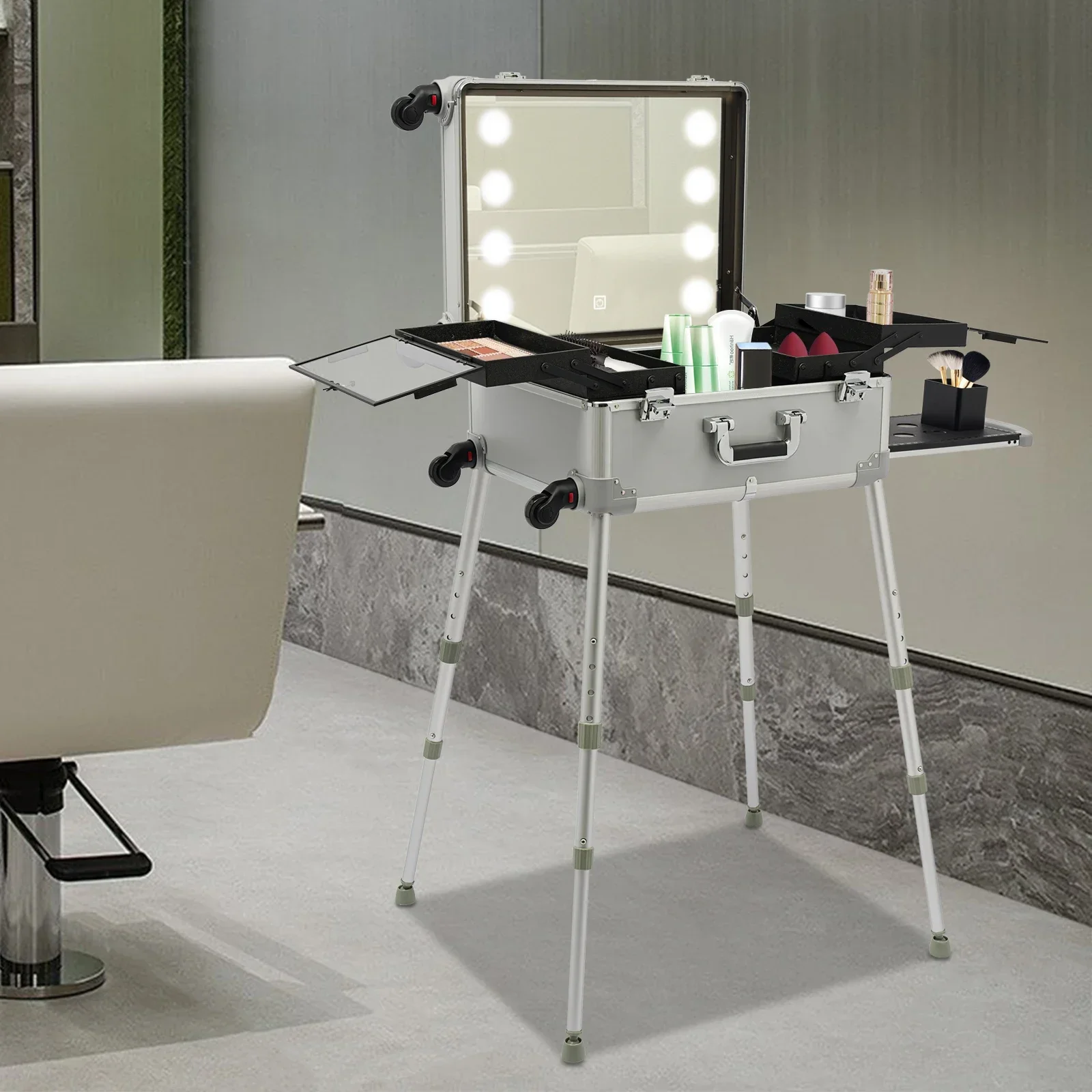 Портативный 21-дюймовый серебряный косметичка со светодиодной подсветкой, регулируемыми ножками по высоте и универсальными колесами для удобного путешествия