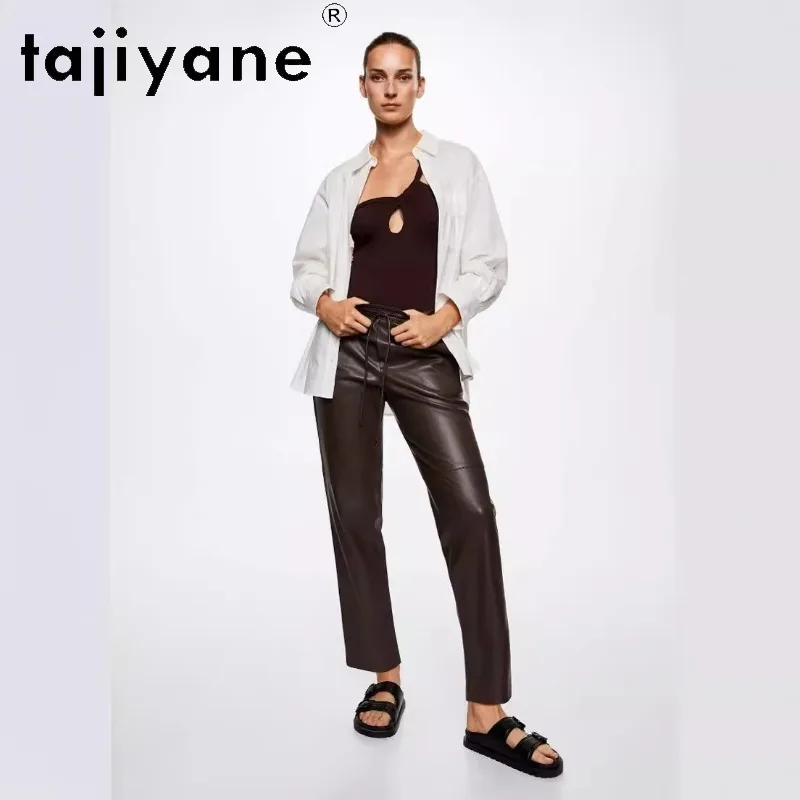 TAJIYANE Women Genuine Leather Pants Ultra-Thin Vegetable-Tanned Sheepskin Pants of Women Elastic Waist Skinny Trousers Casual