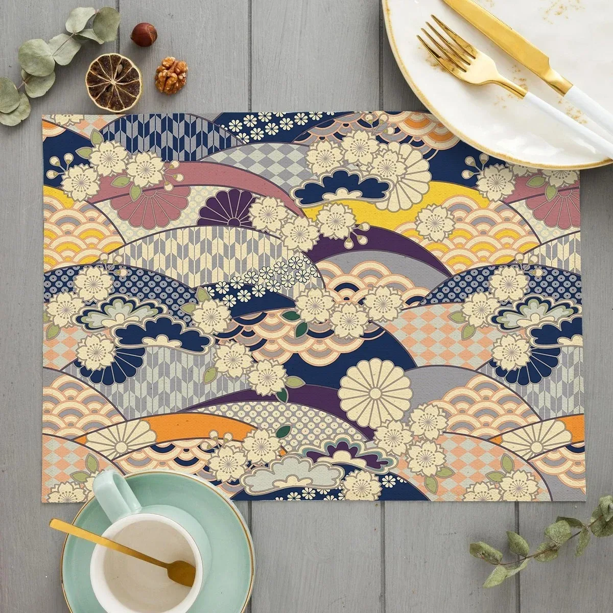 Japanese Traditional Pattern Kitchen Placemat, Linen Material Vintage Texture, Coaster, Bowl Mat, Coffee Cup Mat, Tablecloth