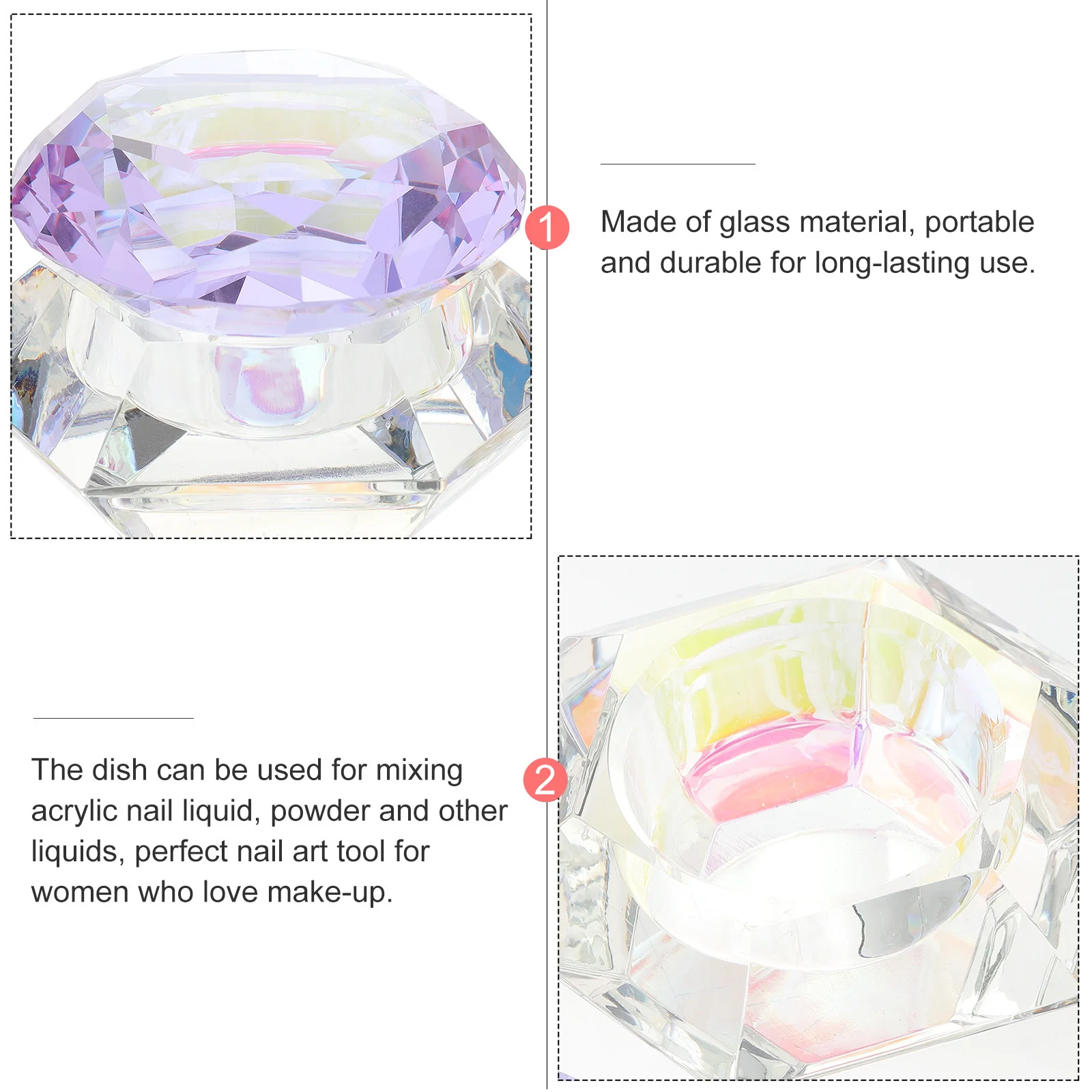 Copo de prato de vidro de cristal para arte em unhas, recipiente versátil de pó líquido acrílico, melhor presente para mulheres, tigela de arte em unhas