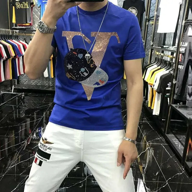 Men\'s Summer Plus Size Hip-Hop T-Shirt Personality Hair Stylist Street Cartoon Fashion Trend Hot Diamond Short Sleeve