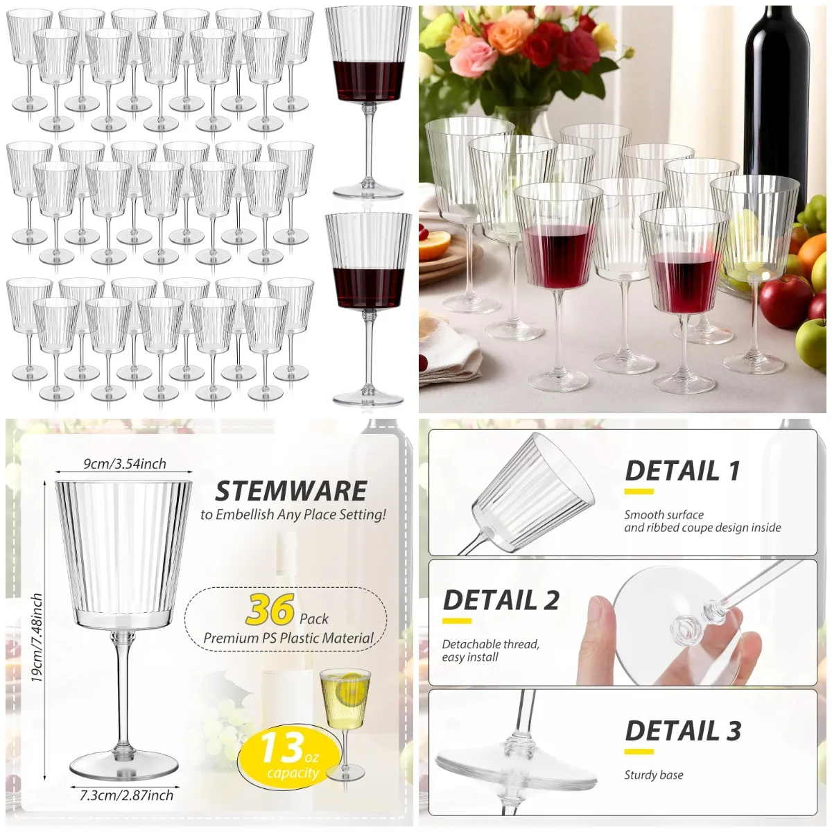 

36-Pack Plastic Ribbed Wine Glasses 13 oz Acrylic Champagne Flutes, Unbreakable Reusable for Wedding & Party