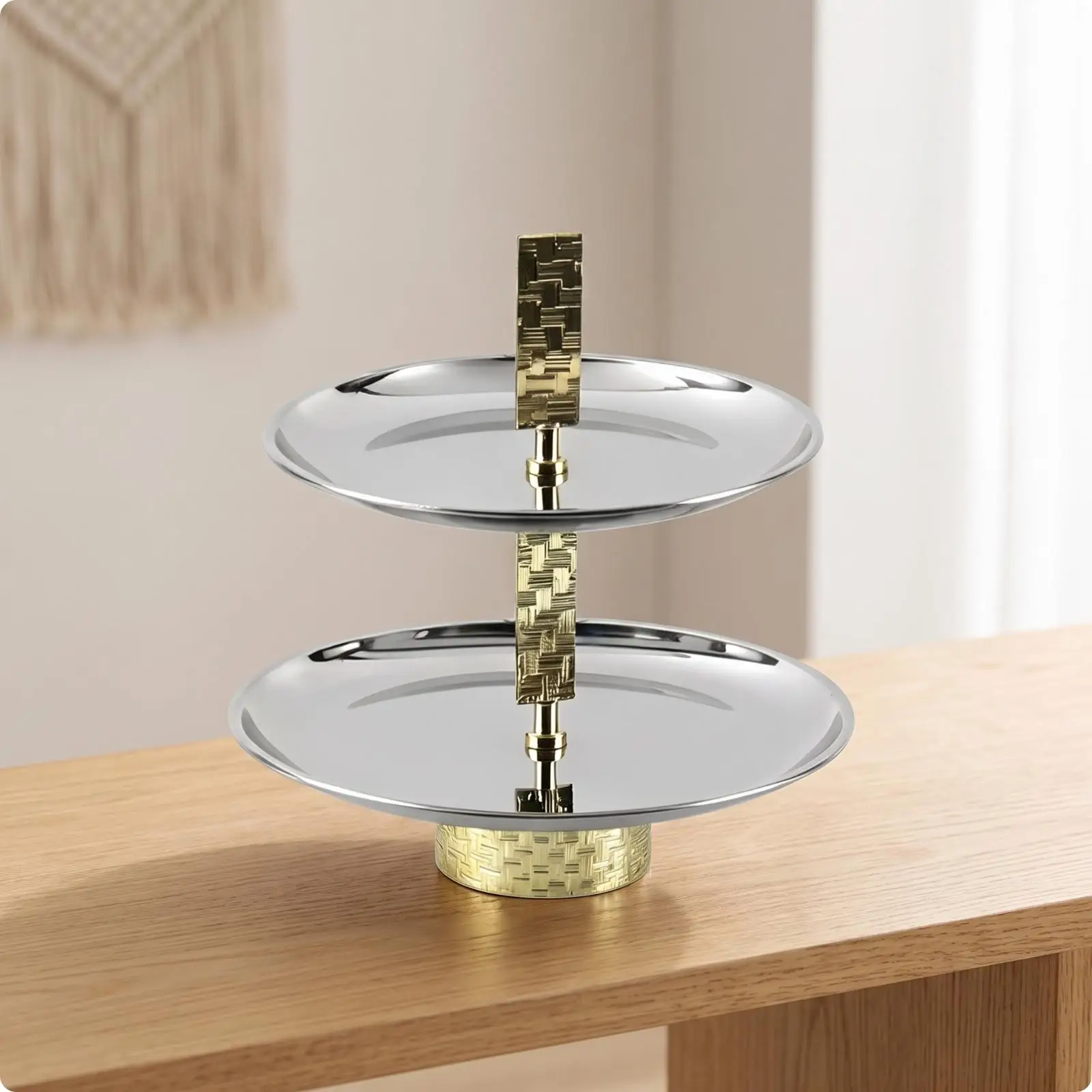 Two-Tier Metal Tray Silver 2-Tier Cake Stand Space-Saving for Hosts