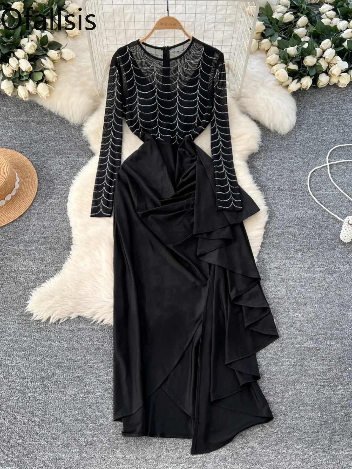 Ofallsis Noble Black O neck Elegant Dress 2024 Women's New Party Hot Pressed Diamond Mesh Splicing Ruffle Edge Slit Long Dresses