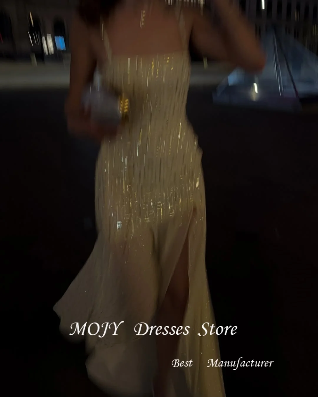 Mojy カスタマイズされたスパゲッティストラップグリッターイリュージョンプロムドレスサイドハイスリットセクシーなドレスフロアレングスパーティードレス