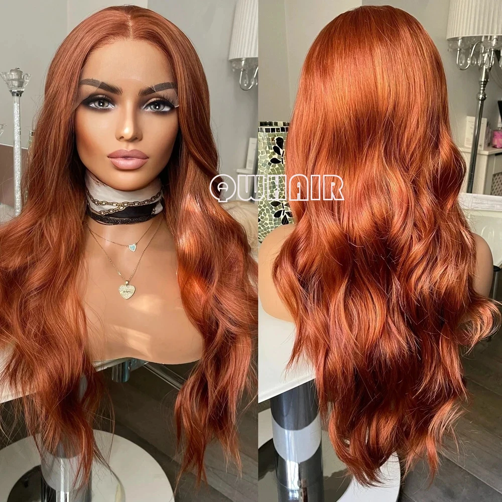 QW Synthetic Hair Ginger Orange Body Wave Soft 13X4 Lace Front Wig For Women Hair Heat Resistant Fiber Cosplay  Daily