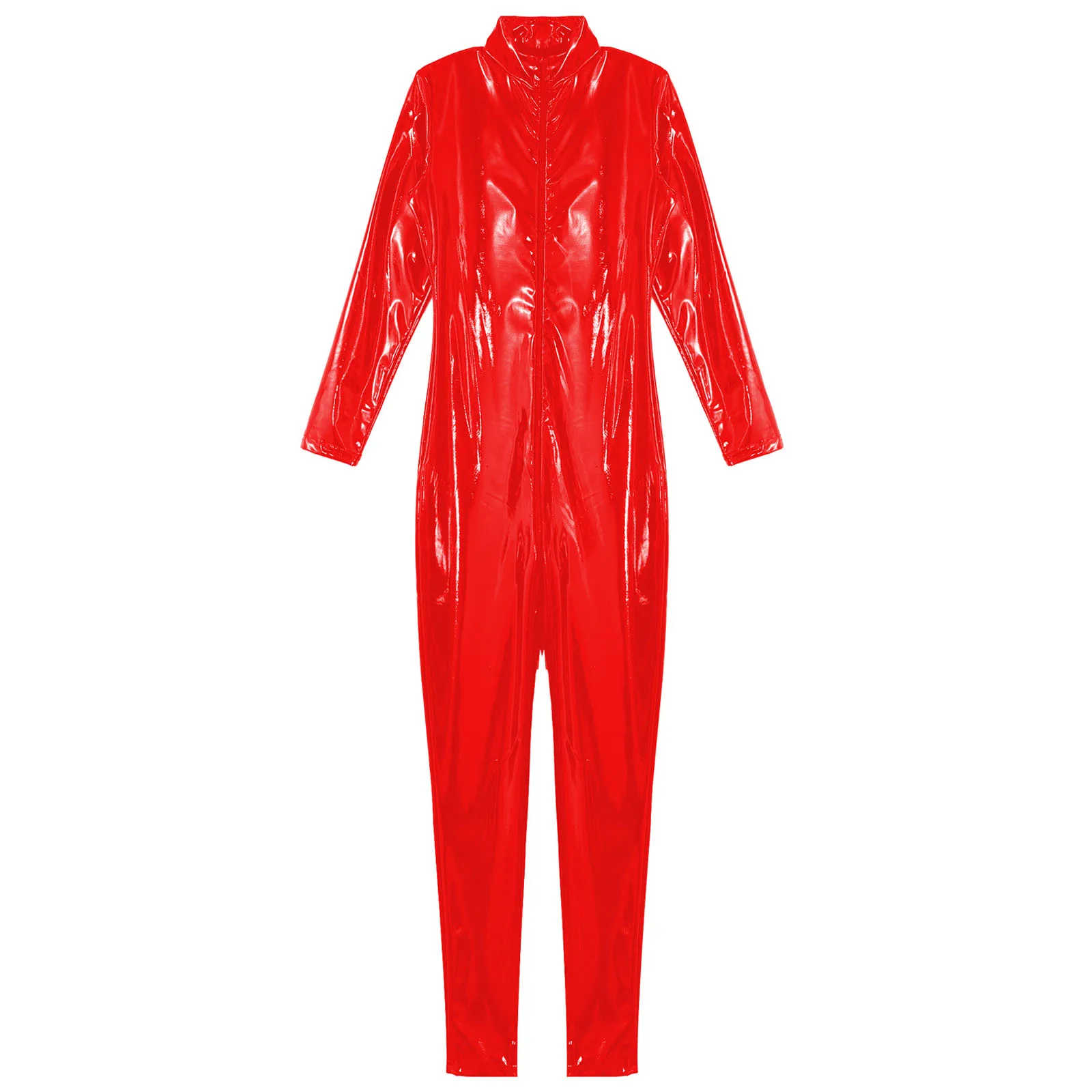 Mens Rave Party Nightclub Pole Dancing Jumpsuit Long Sleeve Zipper Patent Leather Bodysuit Music Festival Performance Clubwear