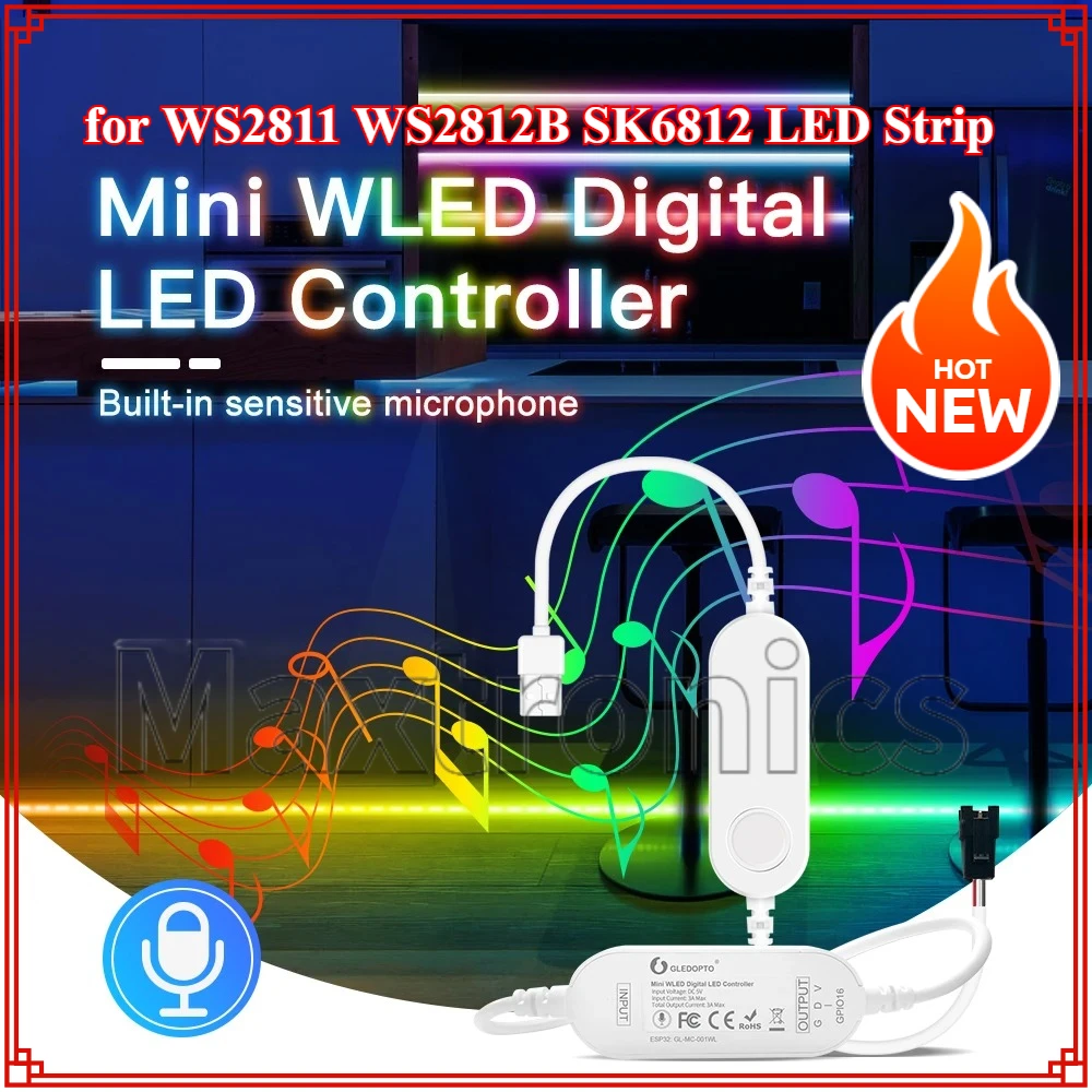 DC5V/12-24V WLED ESP32 Mini LED Controller With Mic Music Sound Mode GL-MC-001WL/002WL For SK6812 WS2811 WS2812b RGB LED Strip