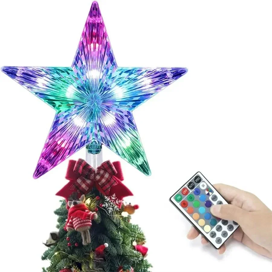 

2025 New Year Decoration Garland Fairy Lights USB Powered 22CM RGB LED Five-pointed Star Christmas Tree Top Lights with Remote