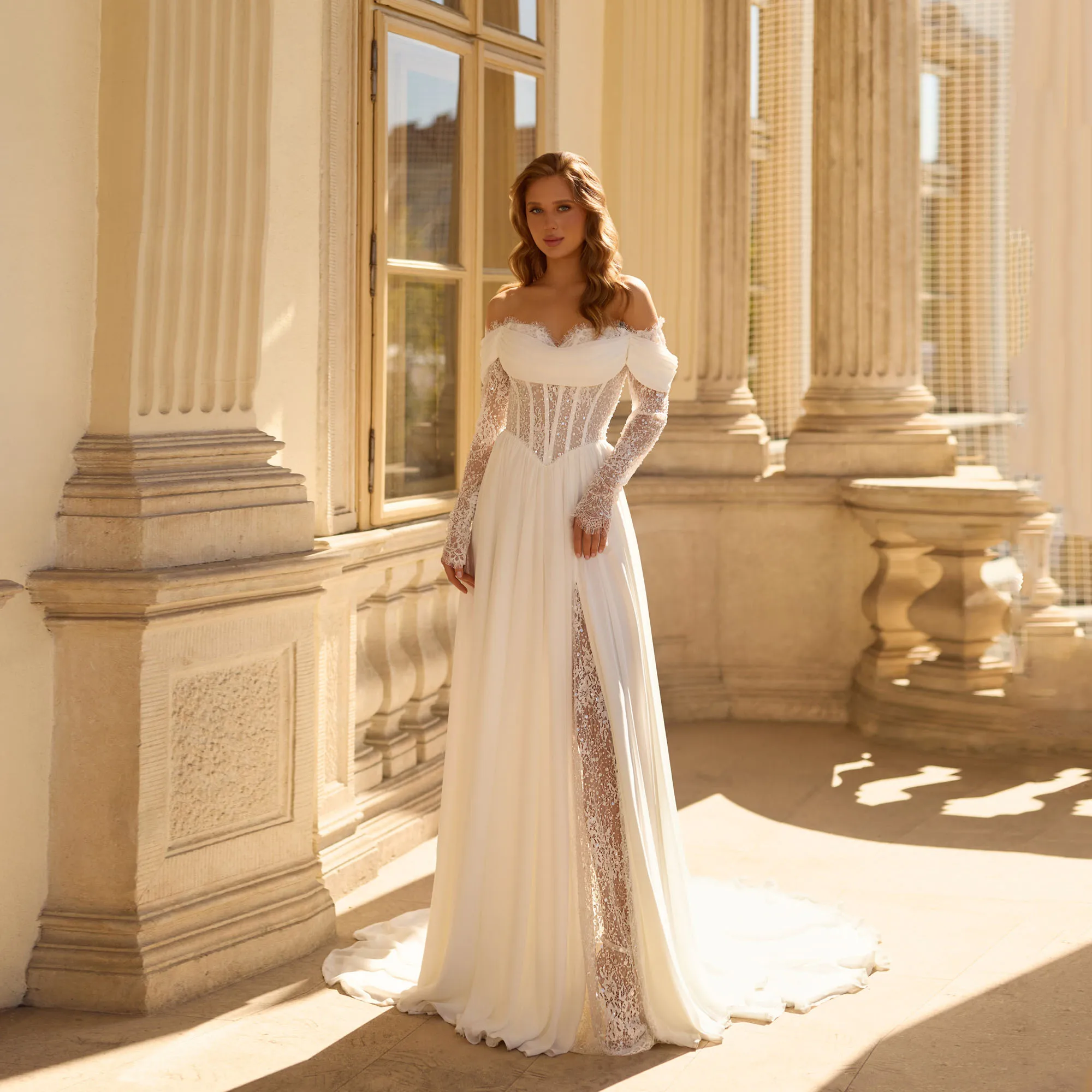 

Off Shoulder Chiffon Wedding Dress Long Lace Sleeve Corset Bodice A Line Bridal Gown Beach Wedding Dresses For Bride Customized