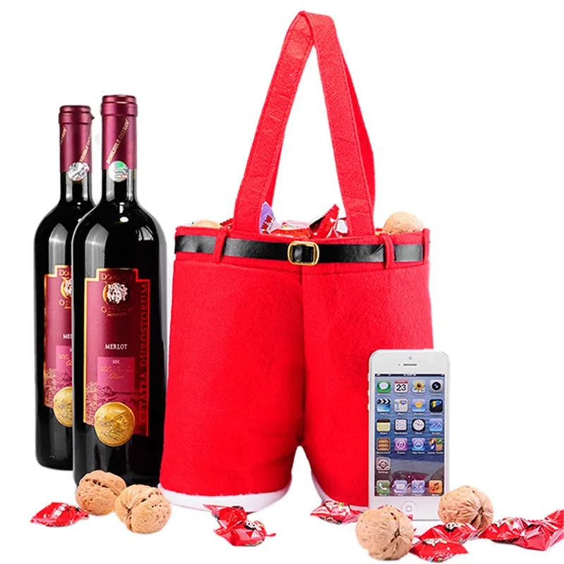 1Pcs Merry Christmas Gift Treat Candy Wine Bottle Holder Santa Claus Suspender Pants Trousers Decor Christmas Gift Bags Cute