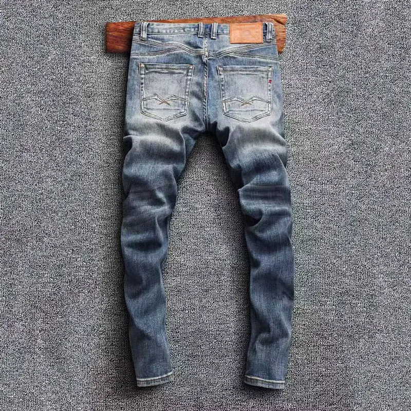 Street Fashion Men Jeans Retro Blue Elastic Stretch Slim Fit Ripped Jeans Men Hole Patched Designer Vintage Denim Pants Hombre