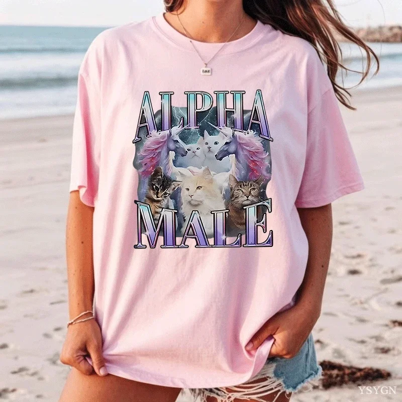 Alpha Male Unicorn Cat Ironic Vintage T-Shirt Retro Style Vintage Saying Tee Short Sleeve Sarcastic Joke Saying Tee Rap Y2k Top
