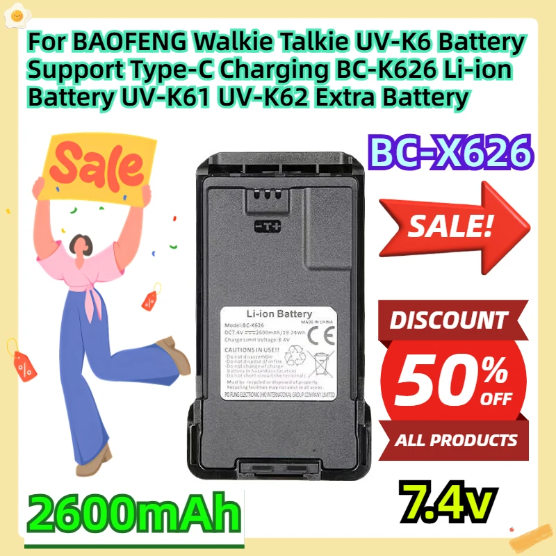 Für 7,4 V 2600 mAh BAOFENG Walkie Talkie UV-K6 Batterie Unterstützung Typ-C Lade BC-K626 Li-Ion Batterie UV-K61 UV-K62 Zusätzliche Batterie