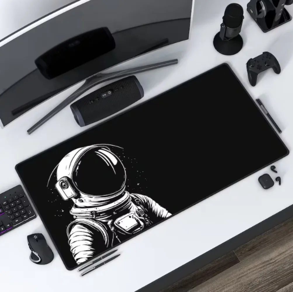 Black & White Gaming Mouse Pad XXL Large Desk Mat Space Astronaut Sketch Art, Anti-slip Rubber Base Stitched Edge Keyboard Mat