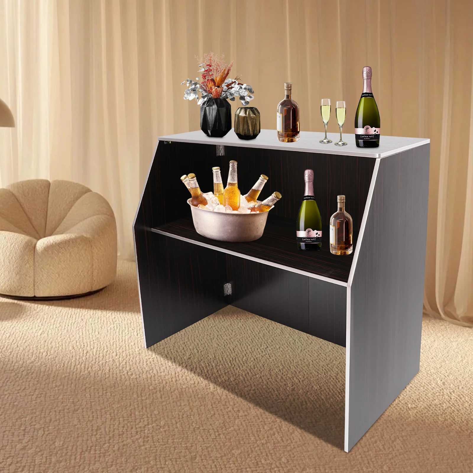 

Portable Bar Cabinet – 19.5" x 47.75" x 42.75", Black-Brown with Aluminum Edging