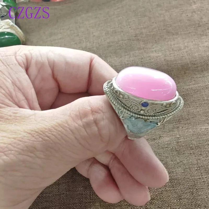 Retro Tribal Unisex Open Adjustable Ring, Large Oval Imitation Pink Gemstone Floral Enamel Inlaid Oriental Finger Jewelry
